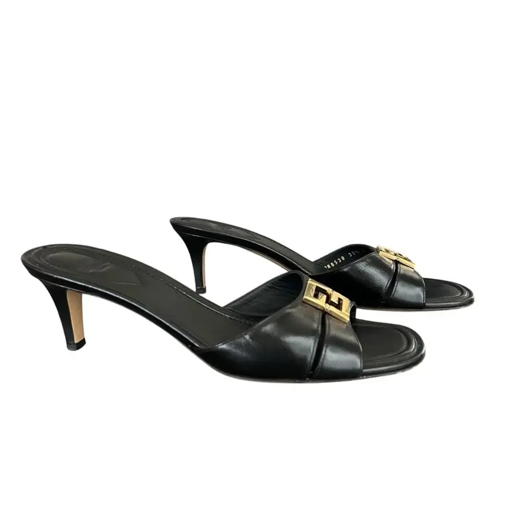 Fendi Women’s Ffold Square Toe Black Leather Gold Hardware Kitten Heel Sandals - Picture 13 of 13